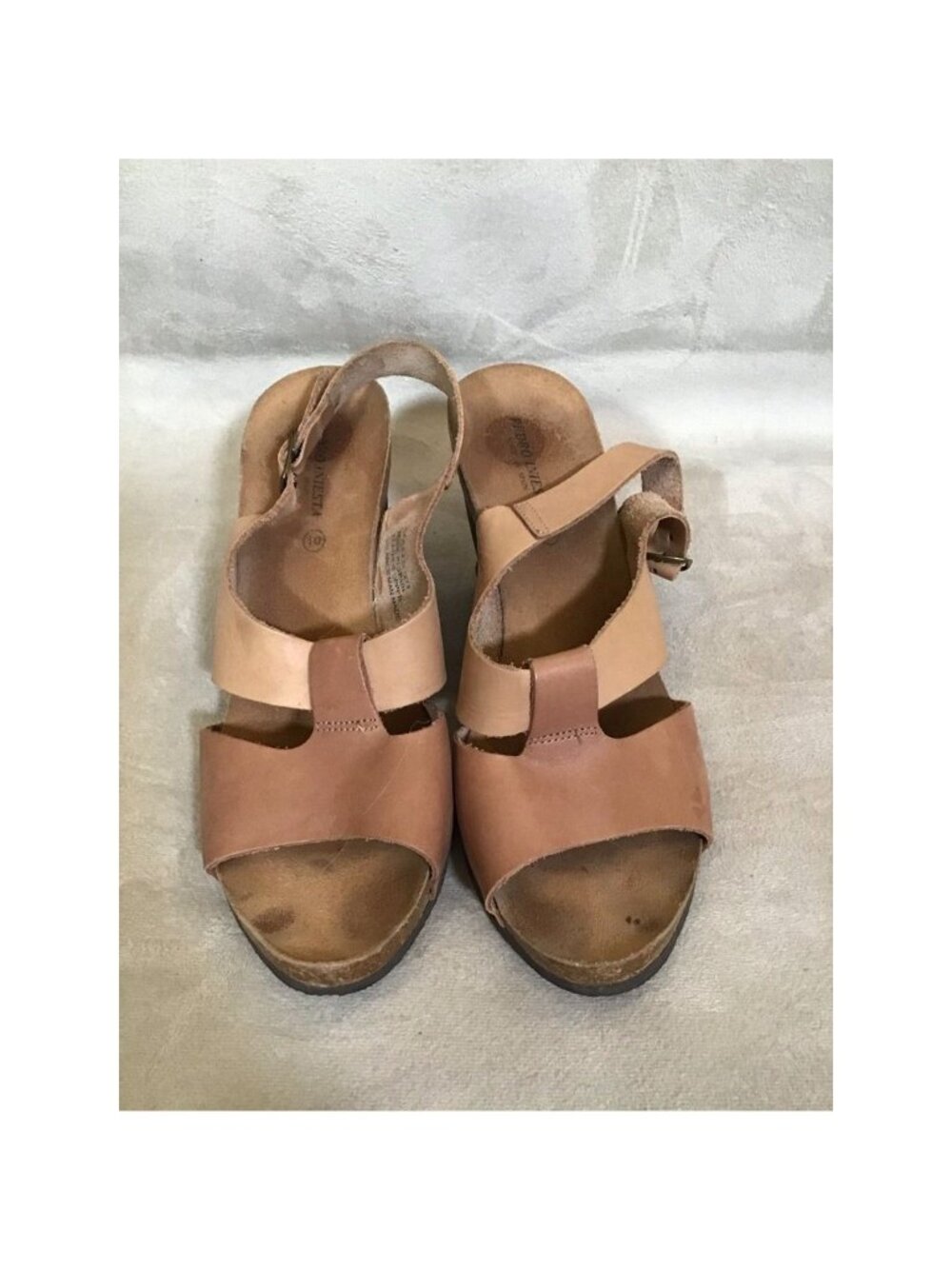Pedro Iniesta Womens Slingback Heel Sz 10 Brown Leather Beige Wedge Cork Retro - Picture 6 of 8